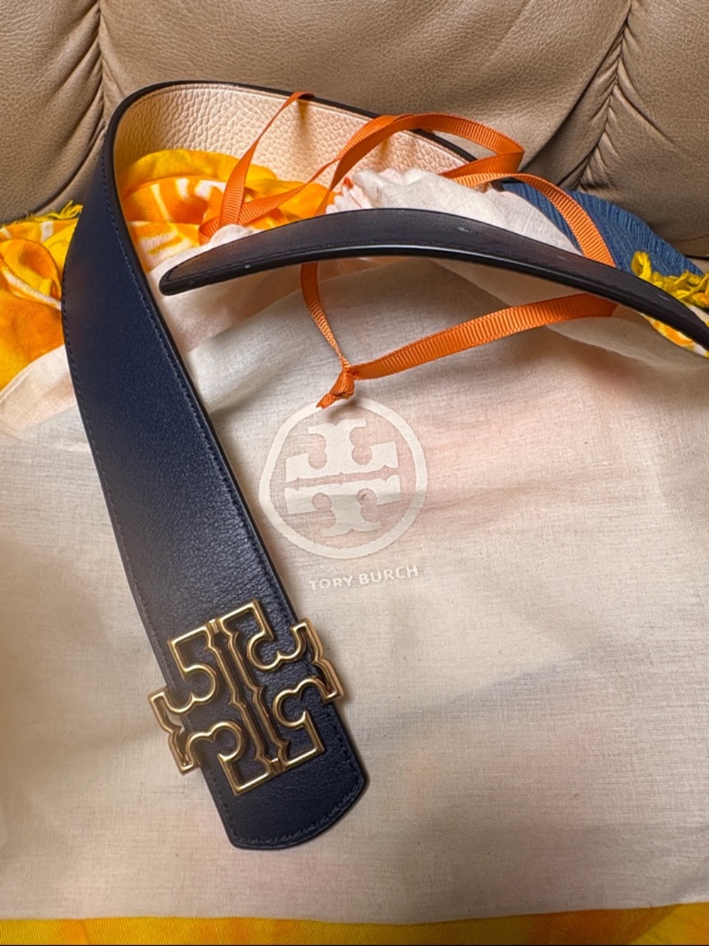 Tory Burch Navy OR  White Leather Belt with Gold Logo Buckle. EUC XL
